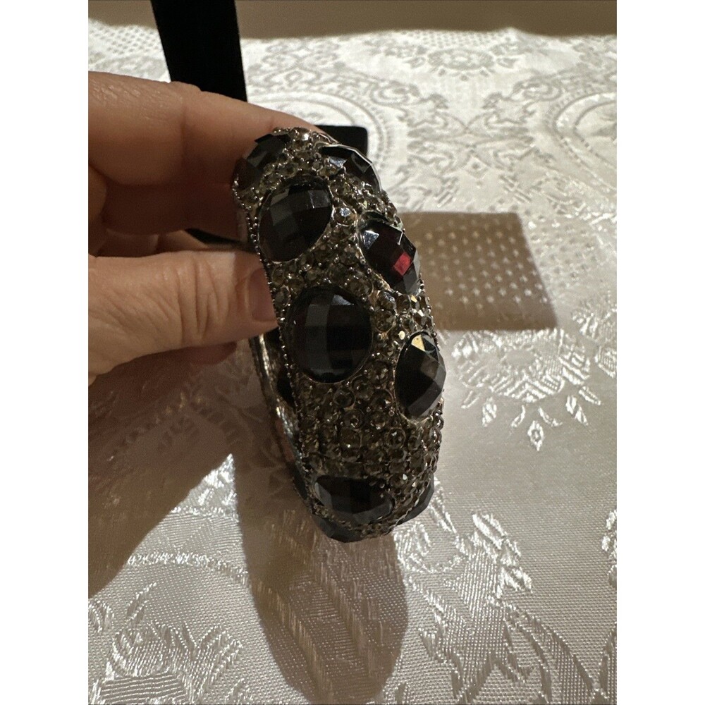 Silver Tone Black Clear Faceted Rhinestones Cuff Bracelet Handcrafted Artisan - Picture 8 of 15